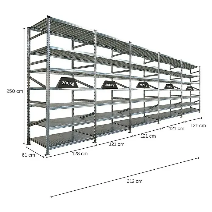 Proregal Metallregal Fachbodenregal PROXIMO 1x Grundregal + 4x Anbauregal - Traglast pro Boden: 200 kg, Anzahl Böden: 7 Stk., Stecken, Verzinkt - Aufnahme eines langen, verzinkten Schwerlastregals mit mehreren Fächern und einer Tragfähigkeit von 200 kg pro Fach.