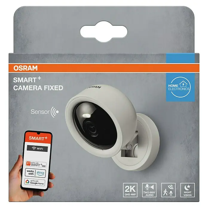 Osram Smart+ Überwachungskamera Fixed - Passend für: Alarmsystem, Smart Home System - Verpackung der Osram Smart+ Kamera Fixed, einer intelligenten Überwachungskamera für Ihr Zuhause.