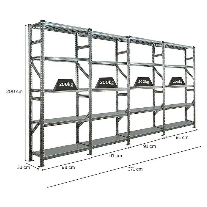 Proregal Metallregal Fachbodenregal PROXIMO 1x Grundregal + 3x Anbauregal - Traglast pro Boden: 200 kg, Anzahl Böden: 5 Stk., Stecken, Verzinkt - Ein silbernes Metallregal mit vier Ebenen, auf denen Gewichte platziert sind, das die Lagerkapazität und Stabilität des Produkts demonstriert.