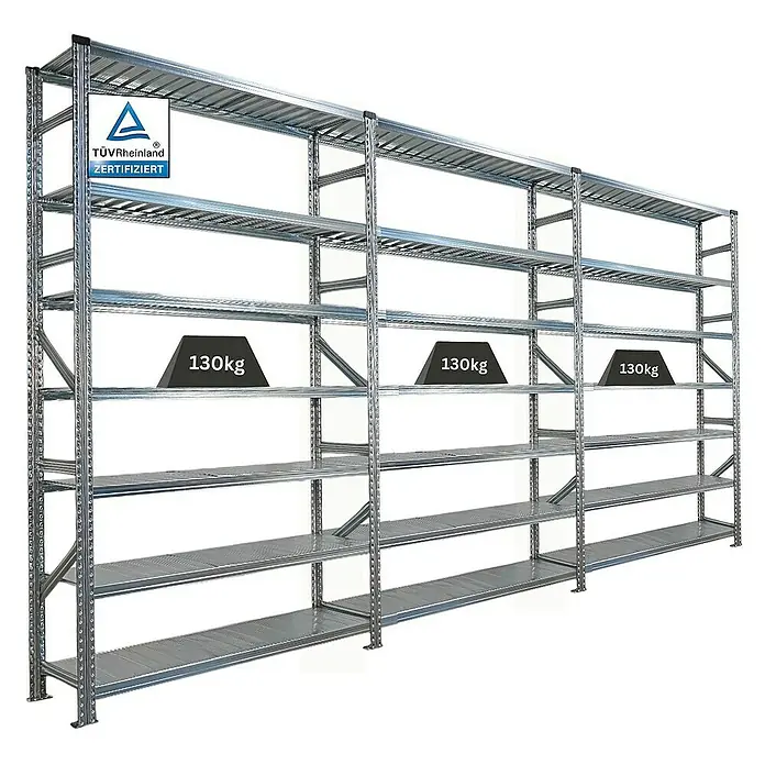Proregal Metallregal Fachbodenregal PROXIMO 1x Grundregal + 2x Anbauregal - Traglast pro Boden: 200 kg, Anzahl Böden: 7 Stk., Stecken, Verzinkt - Schwerlastregal mit Stahlrahmen und mehreren Ablageflächen, geprüft vom TÜV Rheinland, ideal für Lager und Werkstatt.