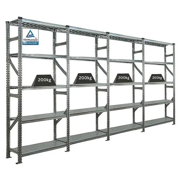Proregal Metallregal Fachbodenregal PROXIMO 1x Grundregal + 3x Anbauregal - Traglast pro Boden: 200 kg, Anzahl Böden: 5 Stk., Stecken, Verzinkt - Ein Regal mit vier Ebenen, von denen die oberste mit Gewichten von je 200 kg belastet ist. Das Regal ist TÜV-Rheinland zertifiziert.
