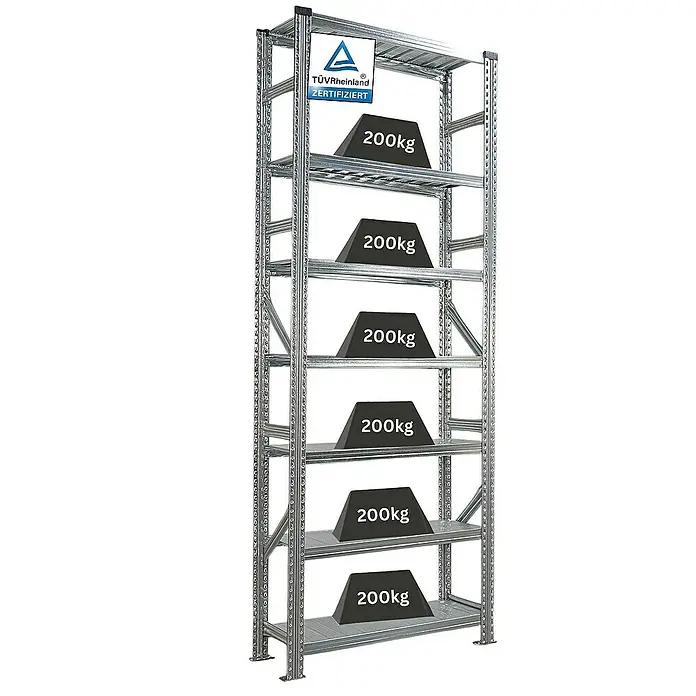 Proregal Metallregal Fachbodenregal PROXIMO Grundregal - Traglast pro Boden: 200 kg, Anzahl Böden: 7 Stk., Stecken, Verzinkt - Abbildung eines Schwerlastregals mit sechs Fächern, die jeweils mit einem Gewicht von 200 kg belastet sind. Das Regal ist TÜV Rheinland zertifiziert.
