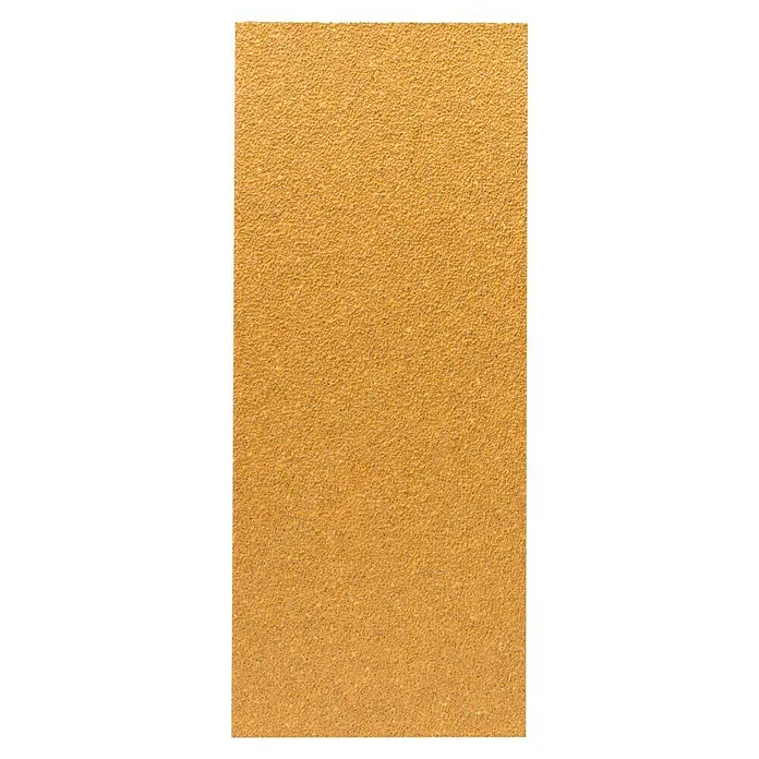 Craftomat Schleifblätter - L x B: 280 x 115 mm, Körnung: 40, 10 Stk., Klemmen, Ungelocht - Nahaufnahme eines rechteckigen, goldfarbenen Sandpapierblattes mit rauer Textur. Ideal für Schleifarbeiten aller Art.