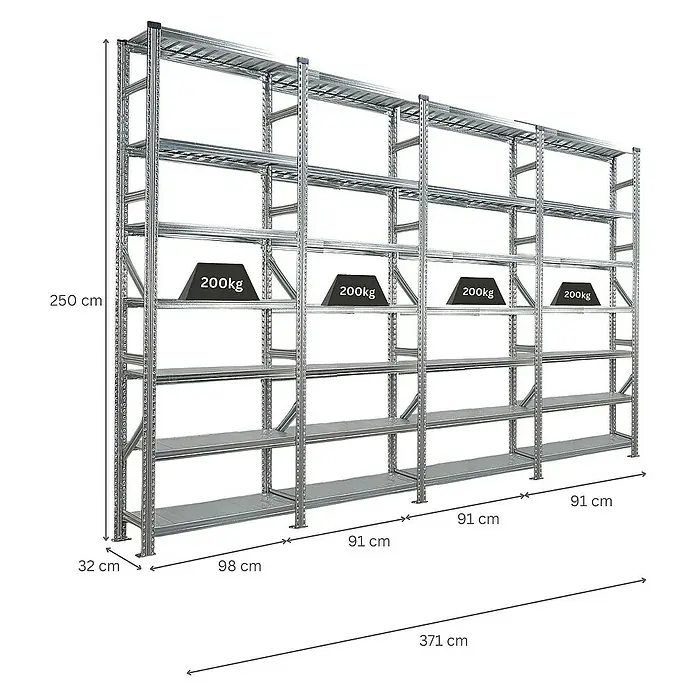 Proregal Metallregal Fachbodenregal PROXIMO 1x Grundregal + 3x Anbauregal - Traglast pro Boden: 200 kg, Anzahl Böden: 7 Stk., Stecken, Verzinkt - Ein großes, silbernes Schwerlastregal mit mehreren Ebenen, gekennzeichnet mit "200kg" zur Angabe der Traglast.