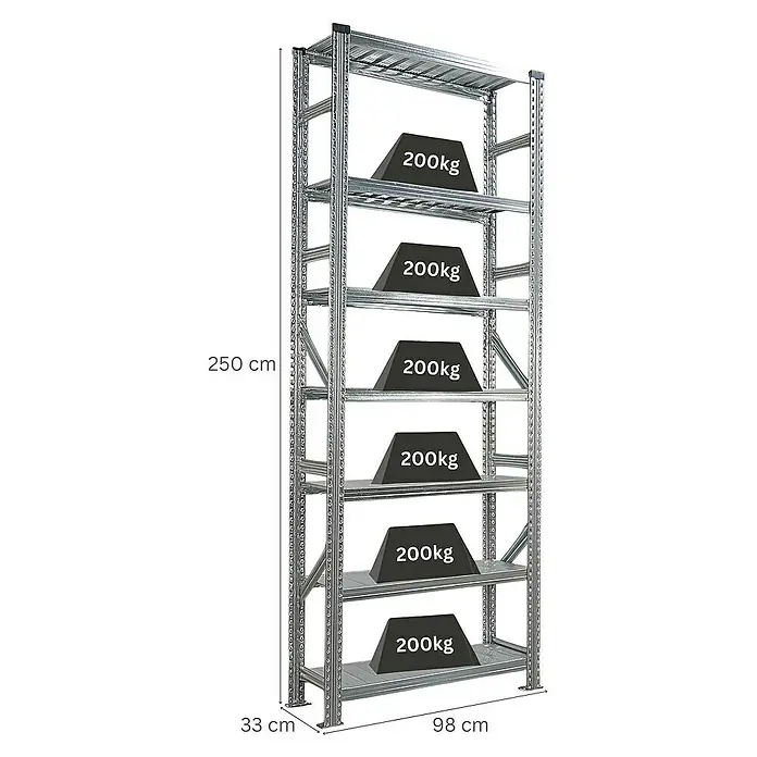Proregal Metallregal Fachbodenregal PROXIMO Grundregal - Traglast pro Boden: 200 kg, Anzahl Böden: 7 Stk., Stecken, Verzinkt - Regal mit sechs Ebenen und Gewichten.