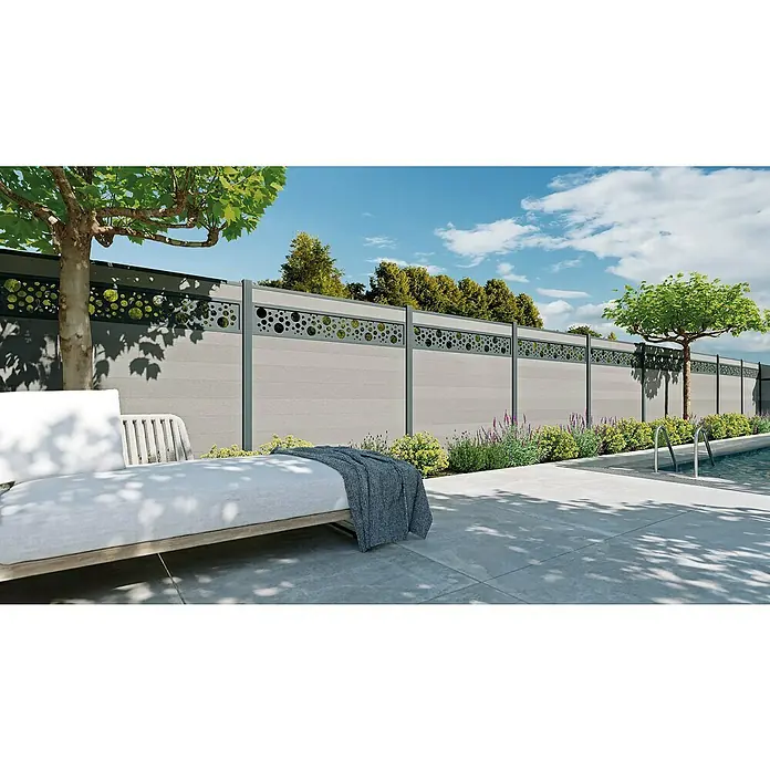 Joda Sichtschutzelement Kingston Dekor-Element Marble - B x H: 29,4 x 178 cm, Kunststoff, Anthrazit - Eine moderne Terrassengestaltung mit einem stilvollen Sichtschutzzaun mit Lochmuster, der Privatsphäre und Design vereint.