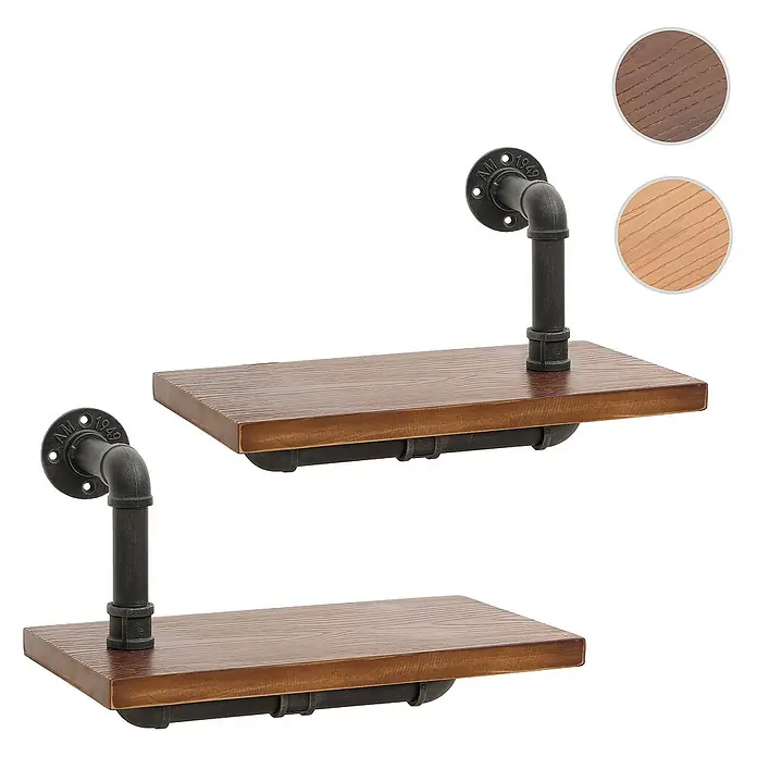 Berlinlodge Holzregal 2er-Set Wandregal - H x B x T: 29 x 45 x 25 cm, Anzahl Böden: 2 Stk., Einhängen, Braun - Zwei rustikale Wandregale mit Holzplatten und schwarzen Metallrohrhalterungen für eine stilvolle Wanddekoration.