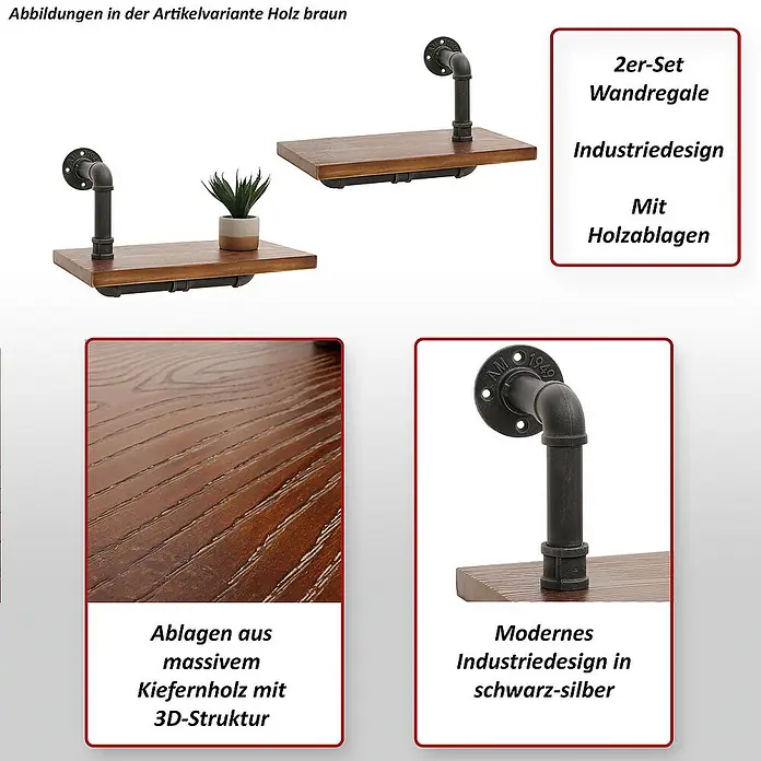 Berlinlodge Holzregal 2er-Set Wandregal - H x B x T: 29 x 45 x 25 cm, Anzahl Böden: 2 Stk., Einhängen, Braun - Abbildung eines 2er-Sets brauner Wandregale im Industrie-Design mit Holzablagen.