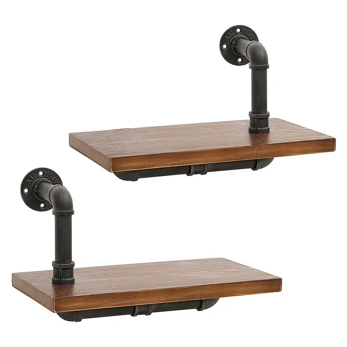 Berlinlodge Holzregal 2er-Set Wandregal - H x B x T: 29 x 45 x 25 cm, Anzahl Böden: 2 Stk., Einhängen, Braun - Zwei industrielle Wandregale aus Holz und Metallrohren für eine rustikale Dekoration.