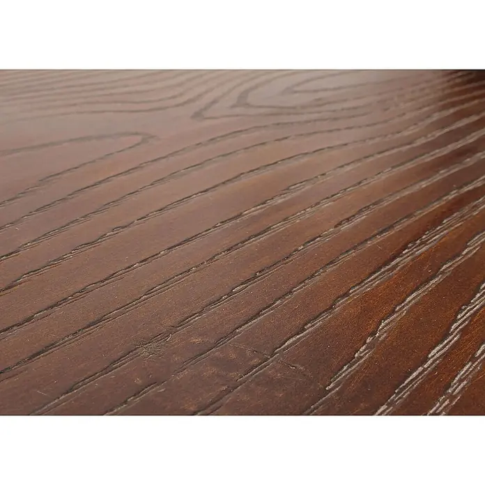 Berlinlodge Holzregal 2er-Set Wandregal - H x B x T: 29 x 45 x 25 cm, Anzahl Böden: 2 Stk., Einhängen, Braun - Detailaufnahme einer Tischplatte aus dunklem Holz mit ausgeprägter Maserung. Die Oberfläche ist glatt und scheint lackiert zu sein.