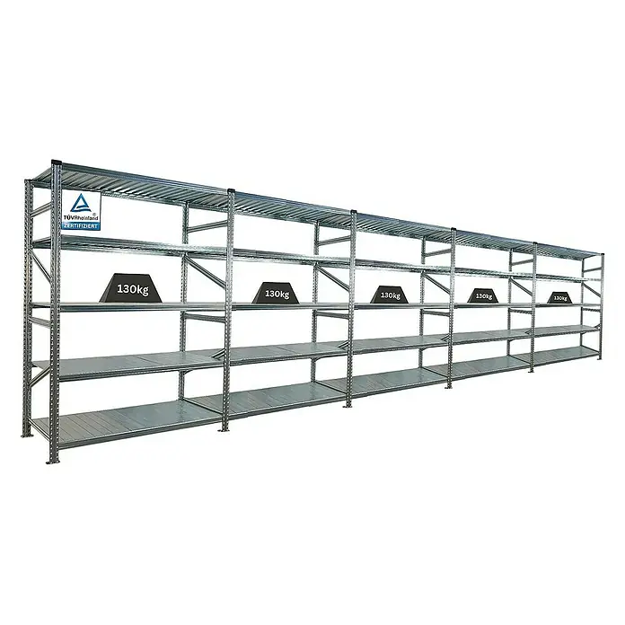 Proregal Metallregal Fachbodenregal PROXIMO 1x Grundregal + 4x Anbauregal - Traglast pro Boden: 130 kg, Anzahl Böden: 5 Stk., Stecken, Verzinkt - Ein langes, silbernes Schwerlastregal mit vier Ebenen und einer Traglast von 130 kg pro Fach. Ideal für Lager und Werkstatt.