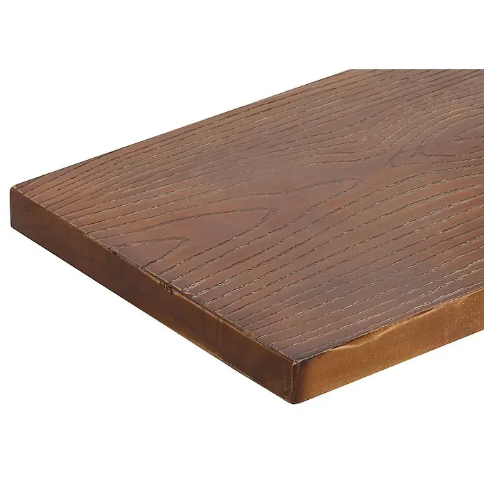 Berlinlodge Holzregal 2er-Set Wandregal - H x B x T: 29 x 45 x 25 cm, Anzahl Böden: 2 Stk., Einhängen, Braun - Detailaufnahme einer braunen Tischplatte mit deutlicher Holzmaserung, die eine rustikale und natürliche Ästhetik vermittelt.