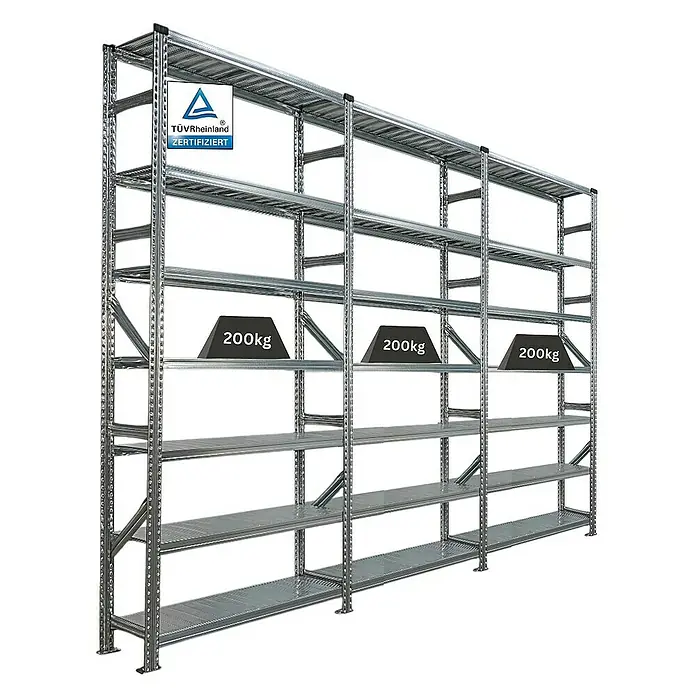Proregal Metallregal Fachbodenregal PROXIMO 1x Grundregal + 2x Anbauregal - H x B x T: 240 x 120 x 32 cm, Traglast pro Boden: 200 kg, Anzahl Böden: 7 Stk., Stecken, Verzinkt - Ein robustes Metallregal mit mehreren Ebenen, teilweise mit Gewichten belastet, ideal für Lagerung und Organisation.