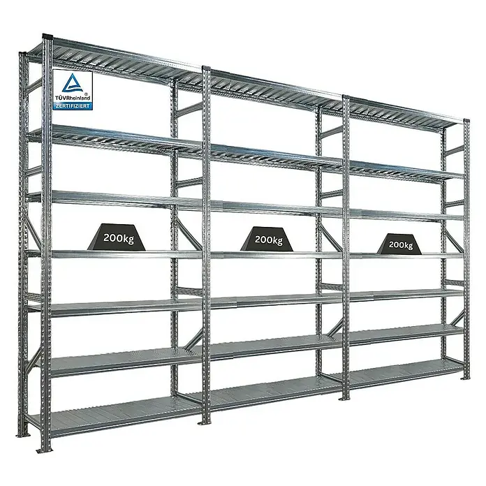Proregal Metallregal Fachbodenregal PROXIMO 1x Grundregal + 2x Anbauregal - Traglast pro Boden: 200 kg, Anzahl Böden: 7 Stk., Stecken, Verzinkt - Lagerregal aus Metall mit mehreren Ebenen und einer Traglast von 200 kg pro Ebene.