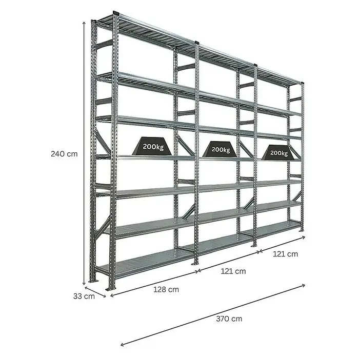 Proregal Metallregal Fachbodenregal PROXIMO 1x Grundregal + 2x Anbauregal - H x B x T: 240 x 120 x 32 cm, Traglast pro Boden: 200 kg, Anzahl Böden: 7 Stk., Stecken, Verzinkt - Ein silbernes Metallregal mit sechs Ablagen, das mit Gewichten von 200 kg belastet ist, mit Maßangaben.