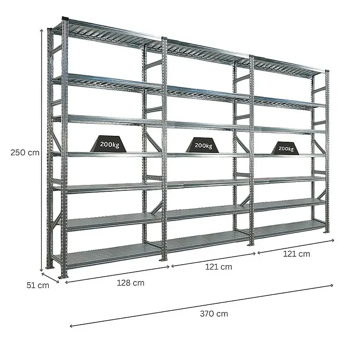 Proregal Metallregal Fachbodenregal PROXIMO 1x Grundregal + 2x Anbauregal - Traglast pro Boden: 200 kg, Anzahl Böden: 7 Stk., Stecken, Verzinkt - Ein dreiteiliges, graues Schwerlastregal mit mehreren Ebenen, beschriftet mit Gewichtsangaben und Abmessungen für den professionellen Einsatz.