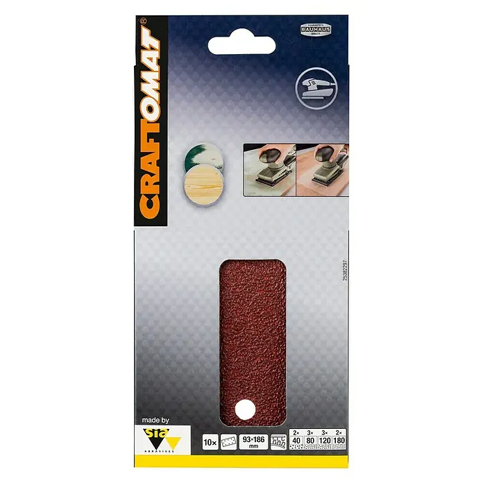 Craftomat Set de hojas de lija - An x L: 93 x 186 mm, Grano: 40 mm - 180 mm, 10 ud. - Juego de papel de lija Craftomat, ideal para lijar diversas superficies. Contiene 10 hojas de lija con granos de 40 a 180.