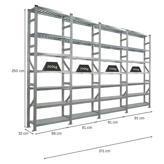 Proregal Metallregal Fachbodenregal PROXIMO 1x Grundregal + 3x Anbauregal - H x B x T: 240 x 90 x 32 cm, Traglast pro Boden: 200 kg, Anzahl Böden: 7 Stk., Stecken, Verzinkt - Ein großes, graues Schwerlastregal mit mehreren Fächern, die jeweils mit 200 kg belastet werden können, bietet viel Stauraum.