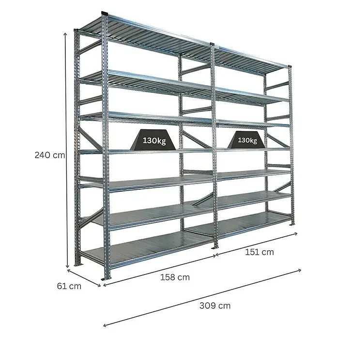 Proregal Metallregal Fachbodenregal PROXIMO 1x Grundregal + 1x Anbauregal - H x B x T: 240 x 150 x 60 cm, Traglast pro Boden: 200 kg, Anzahl Böden: 7 Stk., Stecken, Verzinkt - Abbildung eines stabilen Metallregals mit mehreren Ebenen und Gewichtsangaben, ideal für Lagerung und Organisation.