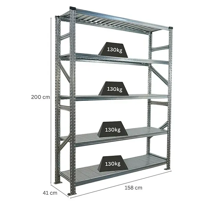 Proregal Metallregal Fachbodenregal PROXIMO Grundregal - Traglast pro Boden: 130 kg, Anzahl Böden: 5 Stk., Stecken, Verzinkt - Abbildung eines Schwerlastregals mit vier Regalböden, auf denen jeweils Gewichte von 130 kg platziert sind, mit Größenangaben.