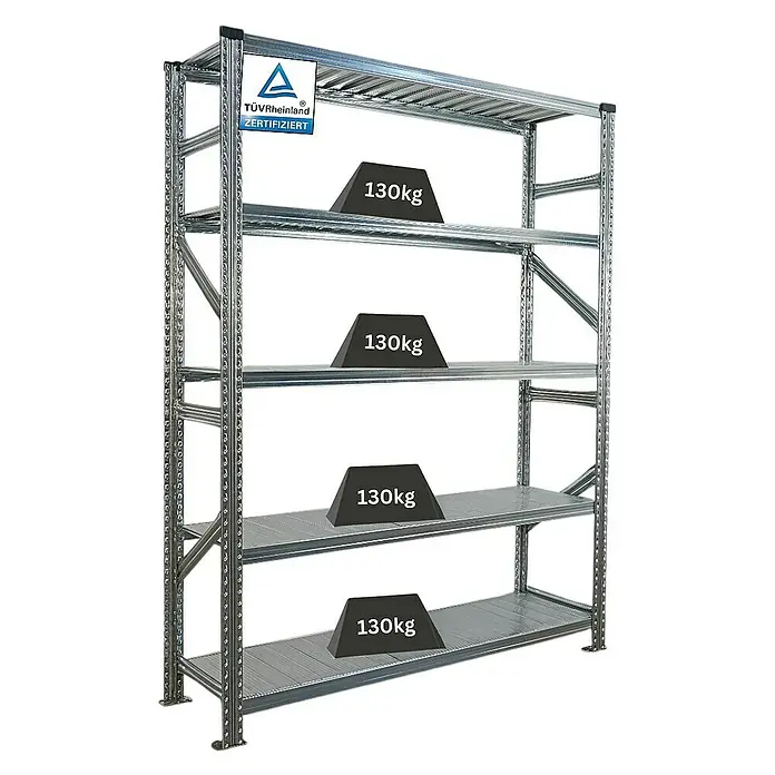 Proregal Metallregal Fachbodenregal PROXIMO Grundregal - Traglast pro Boden: 130 kg, Anzahl Böden: 5 Stk., Stecken, Verzinkt - Metallregal mit vier Ebenen, jede belastet mit 130 kg, TÜV Rheinland zertifiziert. Robustes Lagerregal für hohe Lasten im professionellen Einsatz.