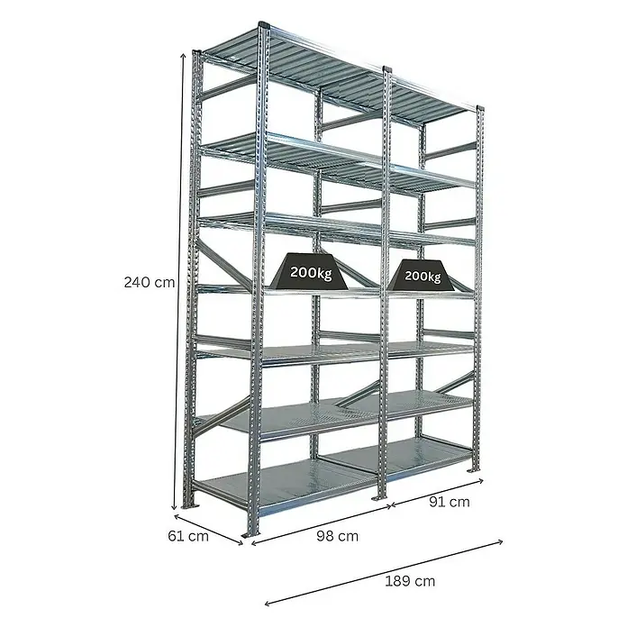 Proregal Metallregal Fachbodenregal PROXIMO 1x Grundregal + 1x Anbauregal - H x B x T: 240 x 90 x 60 cm, Traglast pro Boden: 200 kg, Anzahl Böden: 7 Stk., Stecken, Verzinkt - Metallregal mit fünf Ebenen und Gewichtsangaben.