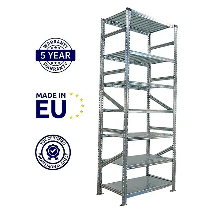 Proregal Metallregal Fachbodenregal PROXIMO 1x Grundregal + 2x Anbauregal - Traglast pro Boden: 200 kg, Anzahl Böden: 7 Stk., Stecken, Verzinkt - Abbildung eines stabilen, silberfarbenen Metallregals mit sieben Ablageflächen, ideal für Lagerung.