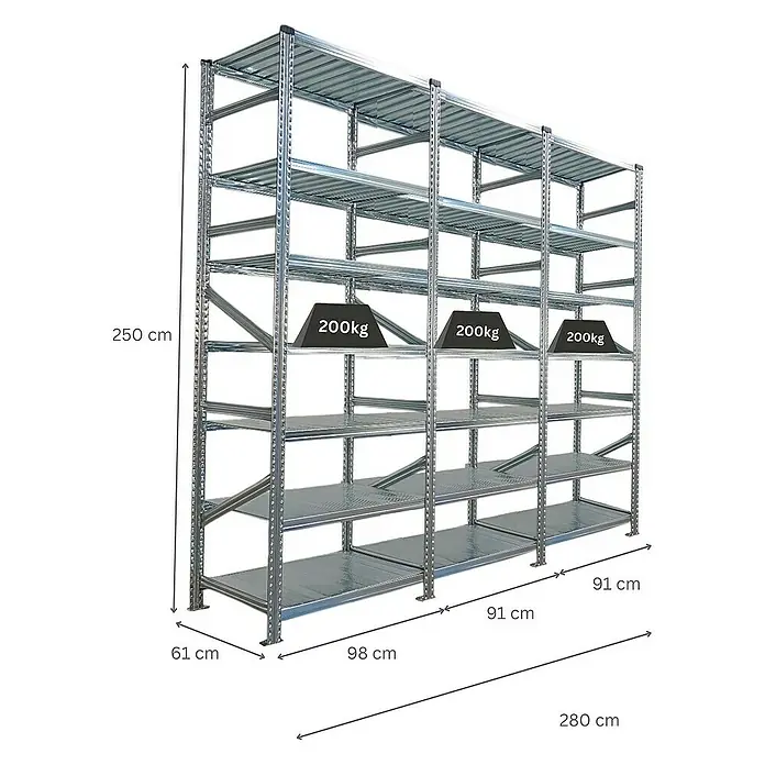 Proregal Metallregal Fachbodenregal PROXIMO 1x Grundregal + 2x Anbauregal - Traglast pro Boden: 200 kg, Anzahl Böden: 7 Stk., Stecken, Verzinkt - Ansicht eines Metallregals mit fünf Ebenen und Gewichtsangaben.