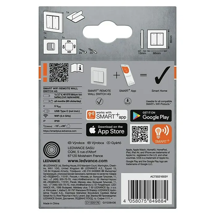 Osram Smart+ Schalter 4G matter - Weiß, Innen - Verpackung des Smart WiFi-Wandschalters 4G mit zugehörigen Apps und Logos.