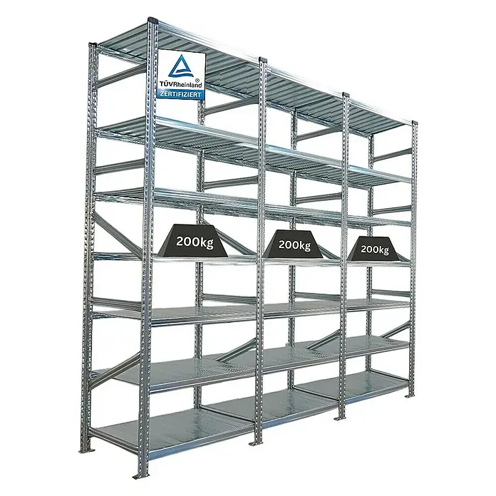 Proregal Metallregal Fachbodenregal PROXIMO 1x Grundregal + 2x Anbauregal - Traglast pro Boden: 200 kg, Anzahl Böden: 7 Stk., Stecken, Verzinkt - Schwerlastregal mit mehreren Ebenen, zertifiziert und mit Gewichten von 200 kg pro Ebene belastet.
