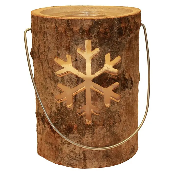 Windlicht - Ø x H: 21 x 26 cm, Holz, Schneeflocke - Rustikale Baumstamm Laterne mit ausgeschnittenem Schneeflockenmuster und Metallgriff für eine stimmungsvolle Atmosphäre.