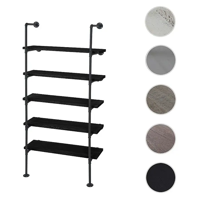 Berlinlodge Holzregal Standregal - H x B x T: 165 x 80 x 28 cm, Anzahl Böden: 5 Stk., Aufstellen, Dunkelgrau - Industrielles Regal mit fünf schwarzen Holzregalen und einem schwarzen Metallrahmen.