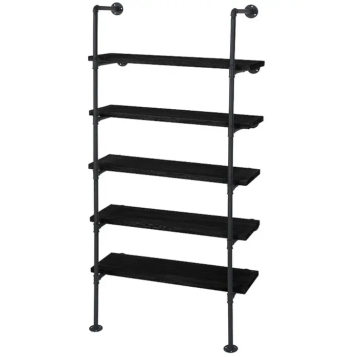 Berlinlodge Holzregal Standregal - H x B x T: 165 x 80 x 28 cm, Anzahl Böden: 5 Stk., Aufstellen, Dunkelgrau - Ein schwarzes Regal mit fünf Ebenen und industriellem Design, ideal für Wohnzimmer oder Büro.