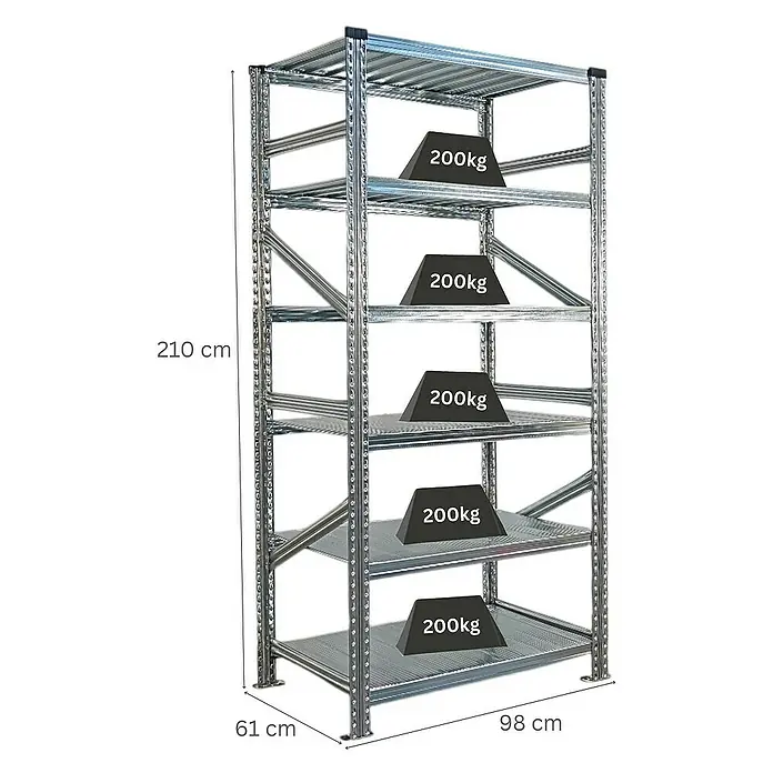 Proregal Metallregal Fachbodenregal PROXIMO Grundregal - Traglast pro Boden: 200 kg, Anzahl Böden: 6 Stk., Stecken, Verzinkt - Ein silbernes Metallregal mit fünf Ebenen, jede mit einem Gewicht von 200 kg belastet, wird gezeigt. Das Regal hat eine Höhe von 210 cm.