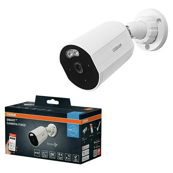 Osram Smart+ Überwachungskamera Outdoor Fixed - Passend für: Alarmsystem, Smart Home System - Das Bild zeigt die OSRAM SMART+ Camera Fixed und ihre Verpackung. Die Kamera ist in Weiß gehalten und bietet smarte Funktionen.