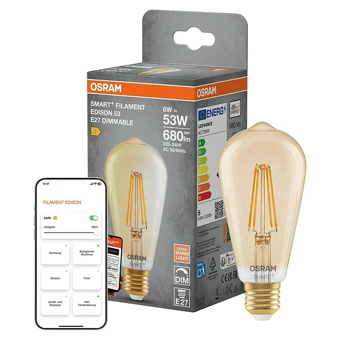 Osram Smart+ Smart-LED-Lampe Edison matter - E27, Dimmbar, Warmweiß, 680 lm, 6 W - Produktaufnahme der Osram Smart+ Filament Edison 53 E27 Dimmable Glühbirne, die smarte Beleuchtung und Vintage-Ästhetik vereint.