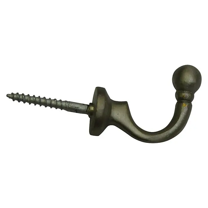 Häfele Gancho para muebles - Largo: 38 mm, Latón - Primer plano de un gancho de pared con tornillo. Perfecto para colgar objetos ligeros en el hogar.