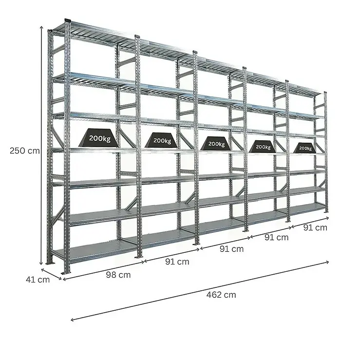 Proregal Metallregal Fachbodenregal PROXIMO 1x Grundregal + 4x Anbauregal - Traglast pro Boden: 200 kg, Anzahl Böden: 7 Stk., Stecken, Verzinkt - Abbildung eines Schwerlastregals mit mehreren Ebenen, das mit Gewichten von je 200 kg belastet ist. Das Regal hat eine Höhe von 250 cm.