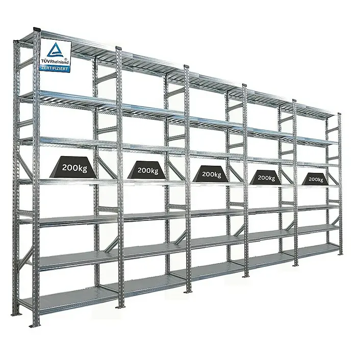 Proregal Metallregal Fachbodenregal PROXIMO 1x Grundregal + 4x Anbauregal - Traglast pro Boden: 200 kg, Anzahl Böden: 7 Stk., Stecken, Verzinkt - Das Bild zeigt ein Schwerlastregal mit fünf Ebenen, das mit Gewichten von 200 kg pro Fach belastet ist.