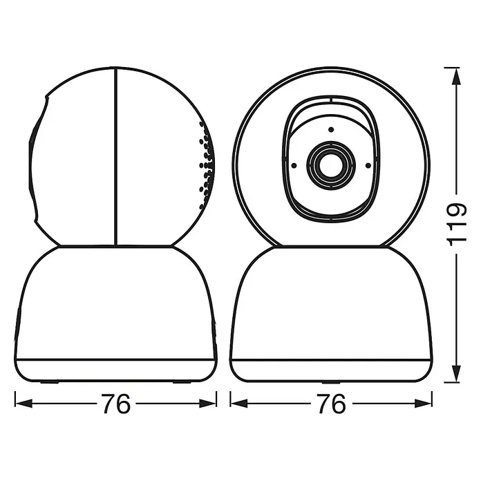 Osram Smart+ Überwachungskamera 360 - Passend für: Alarmsystem, Smart Home System - Produktansicht: Überwachungskamera mit den Maßen 76 x 76 x 119 mm, technische Zeichnung für präzise Spezifikationen.