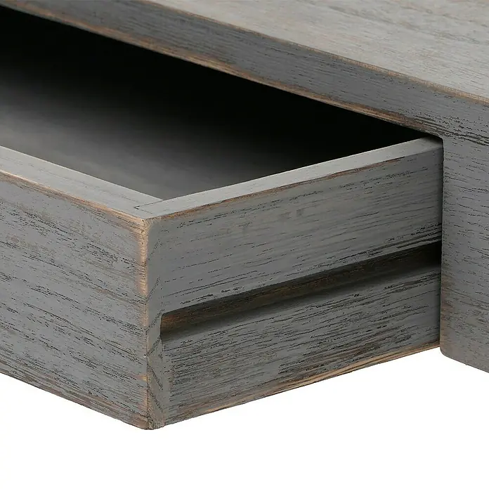 Berlinlodge Holzregal Wandregal - Anzahl Böden: 1 Stk., Einhängen, Grau - Nahaufnahme einer stilvollen grauen Holzschublade, die die feine Maserung und die hochwertige Verarbeitung betont.