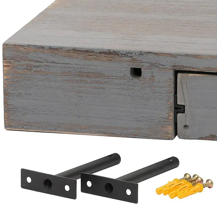 Berlinlodge Holzregal Wandregal - Anzahl Böden: 1 Stk., Einhängen, Grau - Nahaufnahme eines schwebenden Holzregals mit Regalträgern und Dübeln. Ideal zur stilvollen Wandmontage.