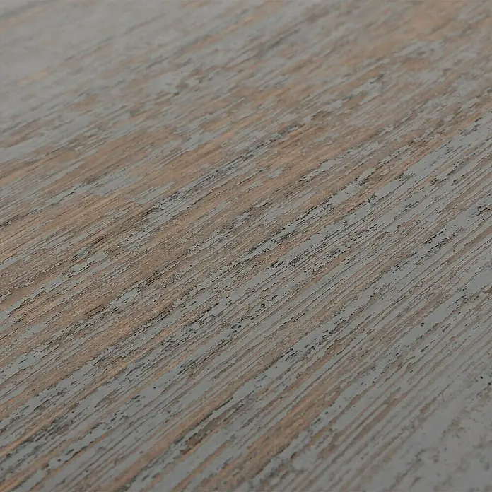 Berlinlodge Holzregal Wandregal - Anzahl Böden: 1 Stk., Einhängen, Grau - Nahaufnahme einer Holzoberfläche mit grauem Farbanstrich, der die natürliche Holzstruktur durchscheinen lässt, ideal für rustikale Möbel.