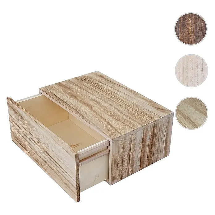 Berlinlodge Holzregal Wandregal - Anzahl Böden: 1 Stk., Einhängen, Braun - Ansicht einer offenen, hellbraunen Holzschubladenbox mit sichtbarer Holzmaserung und kreisförmigen Farbmustern im Hintergrund.