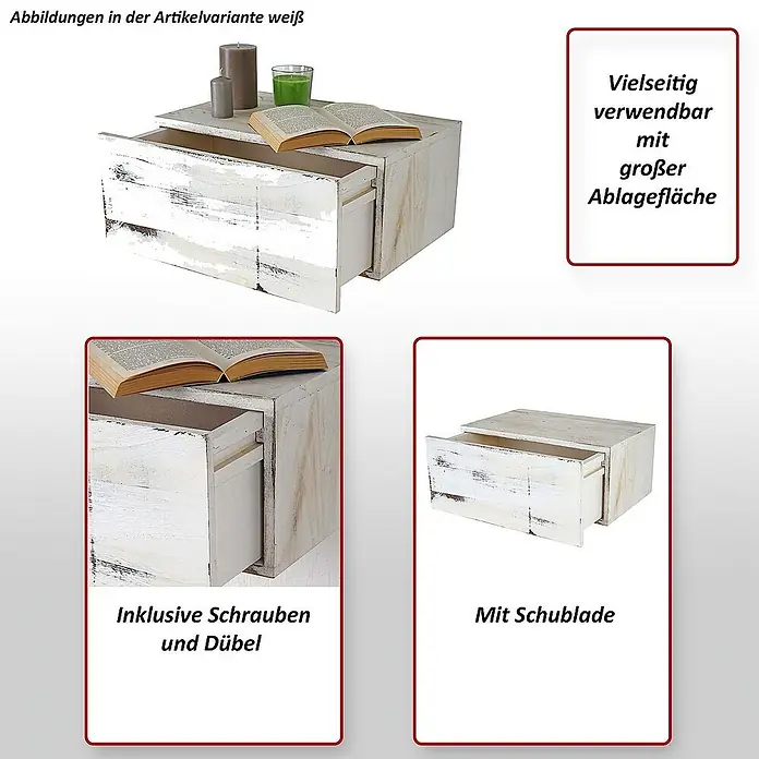 Berlinlodge Holzregal Wandregal - Anzahl Böden: 1 Stk., Einhängen, Braun - Vielseitig verwendbarer weißer Nachttisch mit großer Ablagefläche und Schublade. Inklusive Schrauben und Dübel.