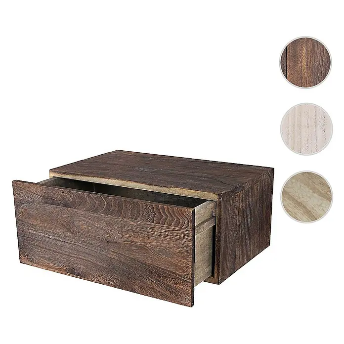 Berlinlodge Holzregal Wandregal - Anzahl Böden: 1 Stk., Einhängen, Braun - Modernes Nachtkästchen mit offener Schublade aus dunklem Holz. Die Holzstruktur ist gut erkennbar.