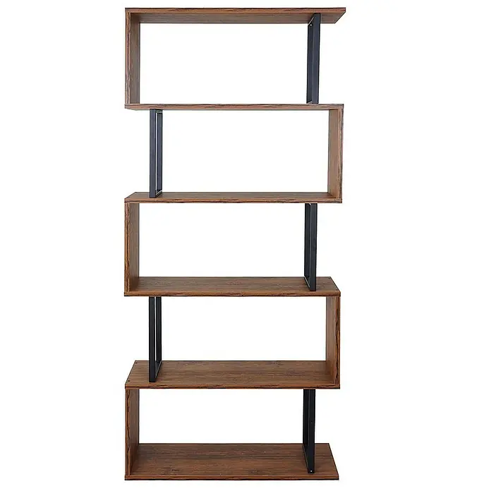 Berlinlodge Holzregal Bücherregal - H x B x T: 183 x 80 x 30 cm, Anzahl Böden: 5 Stk., Aufstellen, Braun - Holzregal mit modernem Zickzack-Design und schwarzen Metallstützen, ideal für Wohn- und Arbeitsbereiche.
