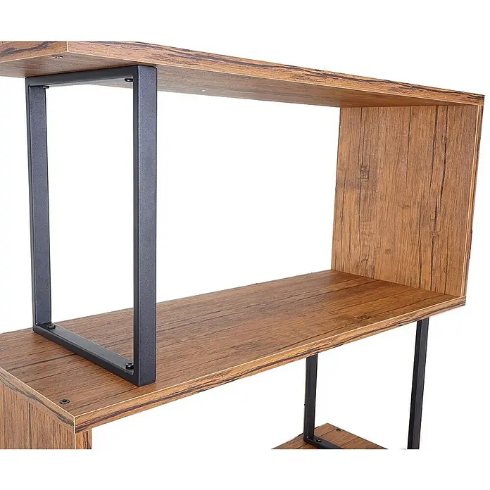 Berlinlodge Holzregal Bücherregal - H x B x T: 183 x 80 x 30 cm, Anzahl Böden: 5 Stk., Aufstellen, Braun - Nahaufnahme eines modernen Bücherregals mit Holzregalen und schwarzen Metallstützen.