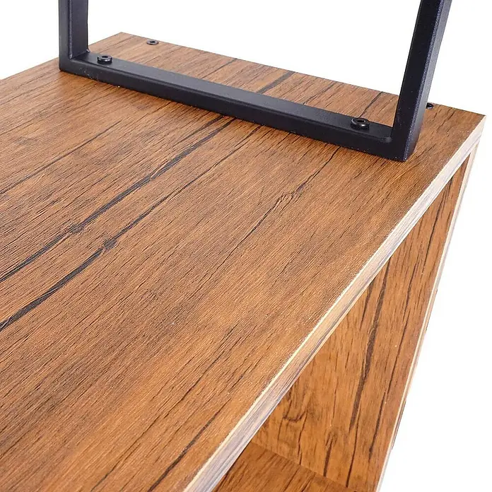 Berlinlodge Holzregal Bücherregal - H x B x T: 183 x 80 x 30 cm, Anzahl Böden: 5 Stk., Aufstellen, Braun - Nahaufnahme eines braunen Holzregals mit dunklen Maserungen und einem schwarzen Metallrahmen. Das Regal zeigt eine rustikale und moderne Ästhetik.