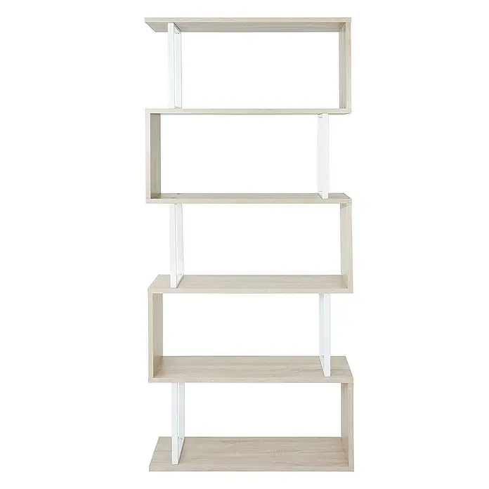 Berlinlodge Holzregal Bücherregal - H x B x T: 183 x 80 x 30 cm, Anzahl Böden: 5 Stk., Aufstellen, Hellholz - Abgebildetes Bücherregal in S-Form mit fünf Regalböden und weißen Metallstützen. Es bietet viel Stauraum für Bücher und Dekoartikel.